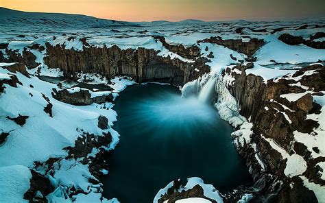 Nature Landscape Iceland Waterfall Pond Snow Winter Cliff Cold
