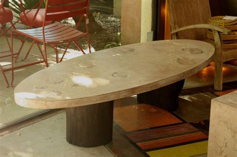 Oval Coffee Table with concrete top and blackened cypress base by