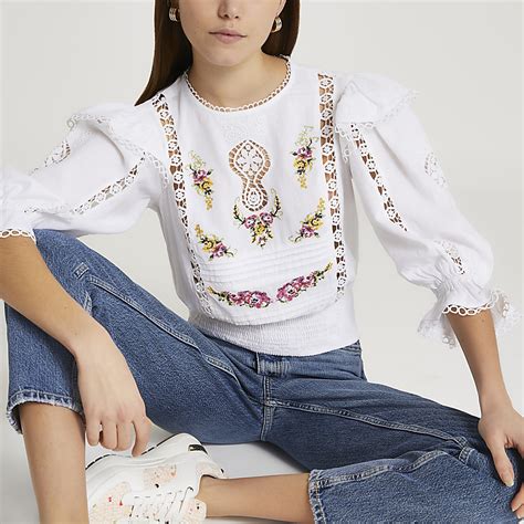 White Embroidered Frill Sleeve Blouse Top River Island