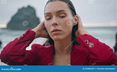 Portrait Woman Gloomy Ocean View Sensual Model Posing In Front Gray Stormy Sea Stock Video