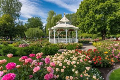 Public Park With Rose Garden And Gazebo Surrounded By Blooming Flowers