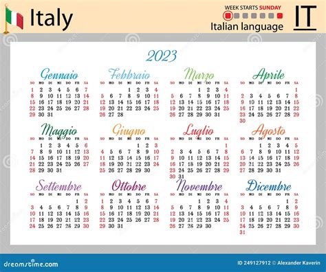 Italian Horizontal Pocket Calendar For 2023 Week Starts Sunday Stock