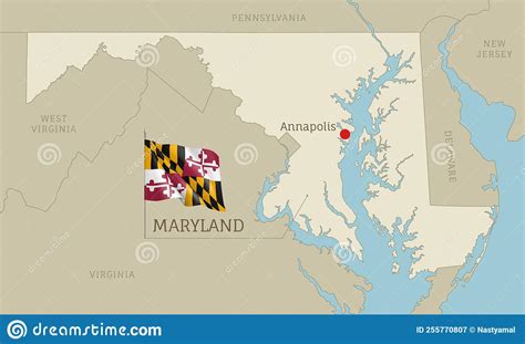 Mapa De Maryland Estado Federal De Estados Unidos Con Bandera Ondulante
