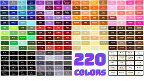 List Of 220 Colors With Color Names And Hex Codes