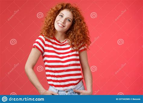 Cheerful European Redhead Fashionable Happy Redhead Curly Haired Girl