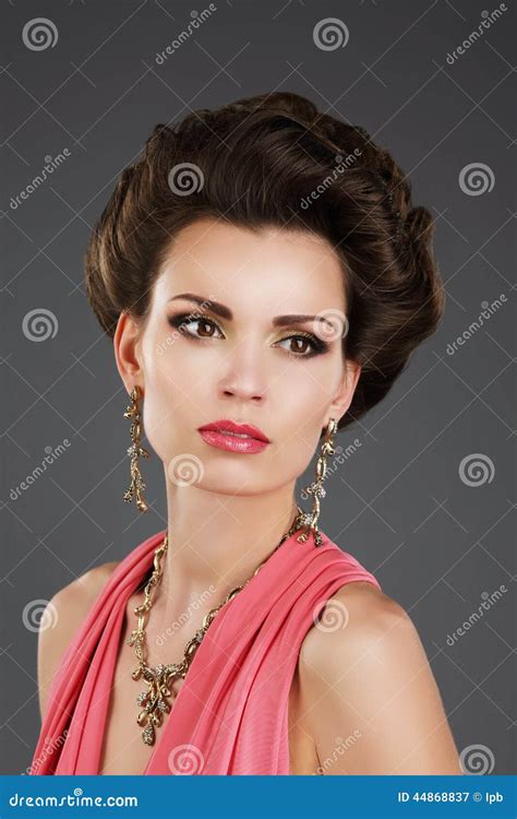 Aristocratic Lady With Glossy Earrings And Necklace Stock Image Image