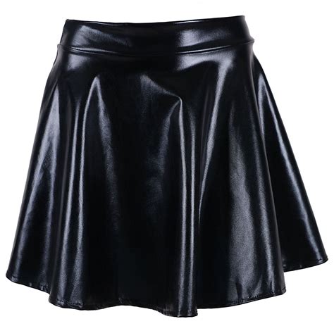 women s metallic wet liquid faux leather look flared skater mini skirt black c6185udlmrt
