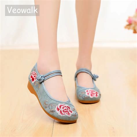 Veowalk Jacquard Cotton Women Embroidered Ballet Flats Vintage Ladies