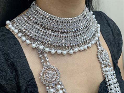 Silver Bridal Jewelry Set With Pearl Accents Wedding Bridal Accessories Indian Pakistani