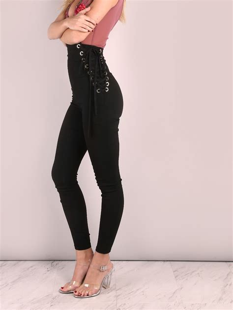 high waisted eyelet strap skinny pants bottom clothes skinny trendy outfits