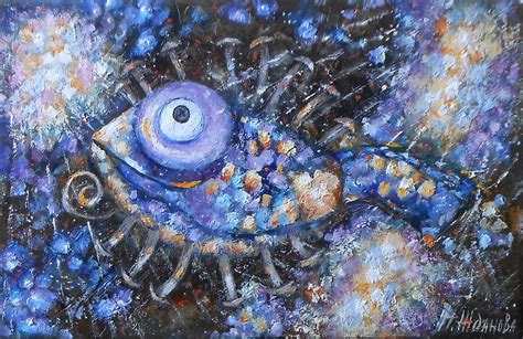 Original Fish Oil Painting On Canvas Blue Fish Artwork Underwater