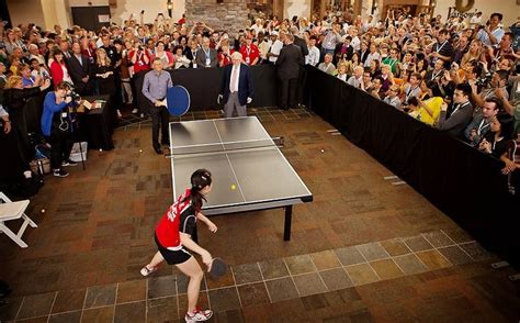 warren buffett and bill gates challenge ariel to some ping pong at the berkshire hathaway
