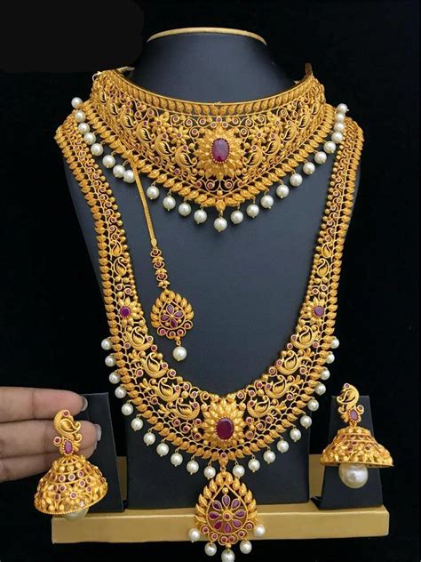Style Long Set Choker Necklace Earrings Maang Tikka Indian Bridal