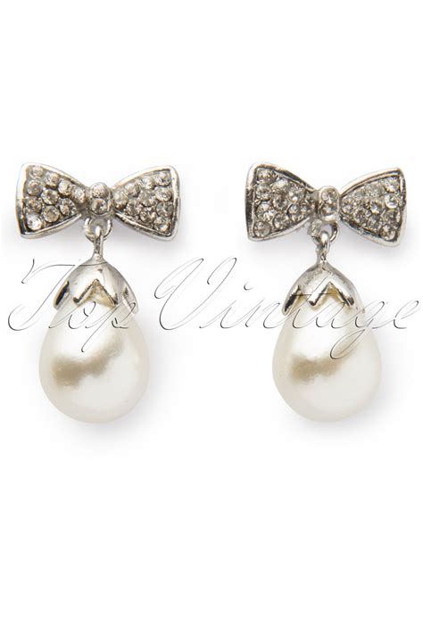 Elegant Pearl Diamante Bow Drop Earrings Large
