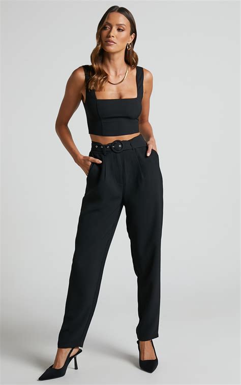 reyna two piece set crop top and tailored pants in black showpo