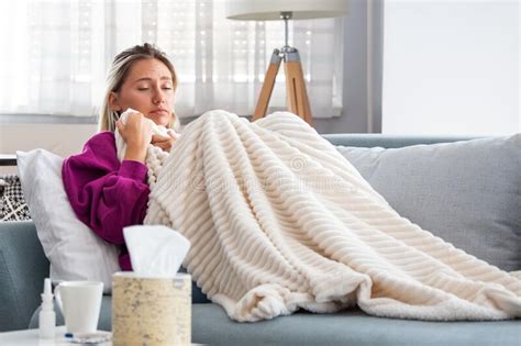 Sick Day At Home Blonde Woman Has Runny And Common Cold Cough