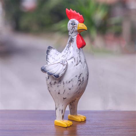 Handmade Wooden Rooster Sculpture With Distressed Finish Sassy