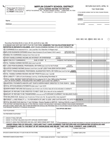 Tax return forms and supporting documents must be filed electronically (see electronic services) or submitted on paper. Local Earned Income Tax Return Form - 2006 printable pdf ...