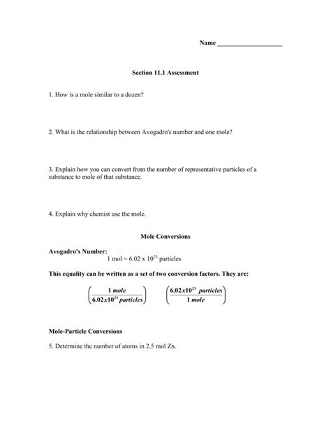 Avogadro S Number And The Mole Worksheet