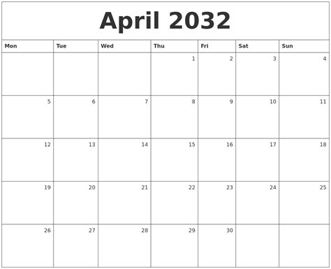 April 2032 Monthly Calendar