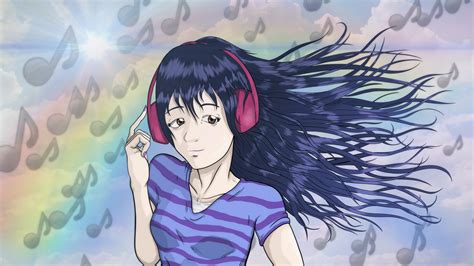 Anime Girl With Headphones On And Hair Blowing In The Wind