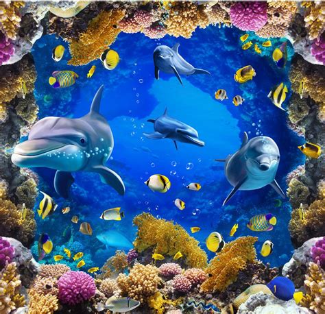 Modern Floor Painting Underwater World 3d Dolphins Coral Floor Waterproof Wall Murals 3d
