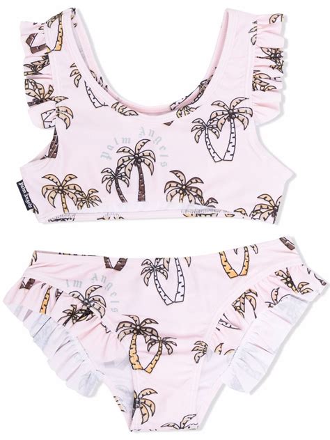 Palm Angels Kids Palm Tree Print Ruffled Bikini Pink Modes