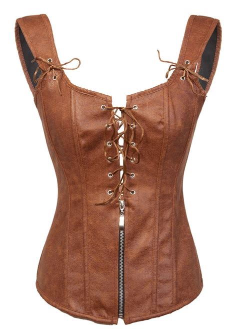 Brown Leather Lace Zip Shoulder Straps Gothic Steampunk Bustier Overbust Corset