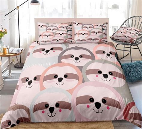 Cartoon Sloth Duvet Cover Set Pink Grey Animal Bedding Kids Boys Girls