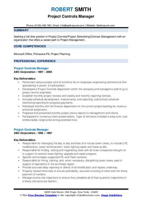 Project Controls Manager Resume Samples Qwikresume