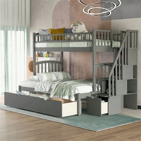 euroco solid wood twin over full bunk bed with storage drawers and stairway gray