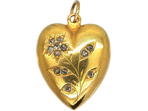 Edwardian 15ct Gold Heart Shaped Pendant With Rose Diamond Set Flower