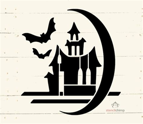 Scary Haunted House With Bats In Moon Halloween Stencil Etsy