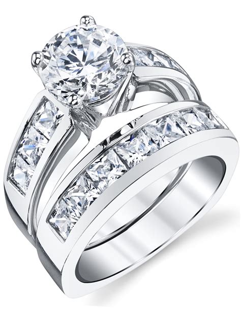 Women S Sterling Silver Bridal Set 2ct Engagement Wedding Ring