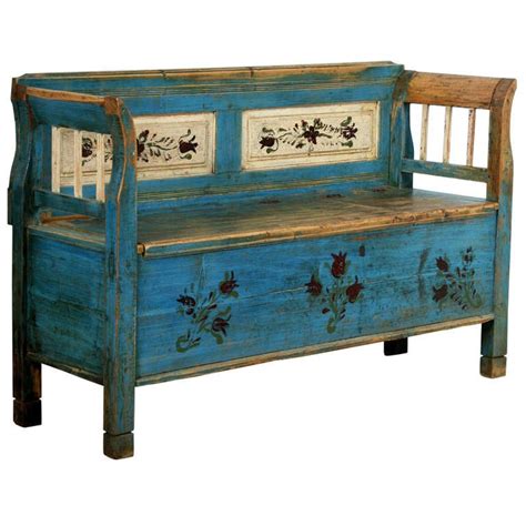 Antique Original Painted Small Romanian Bench With Storage