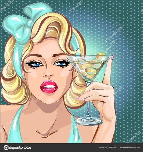 pin up sexy blonde woman drinking martini pop art girl portrait celebrate look vector