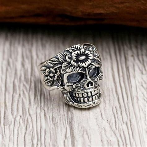 925 Sterling Silver Sugar Skull Ring Flower Skull Ring Etsy