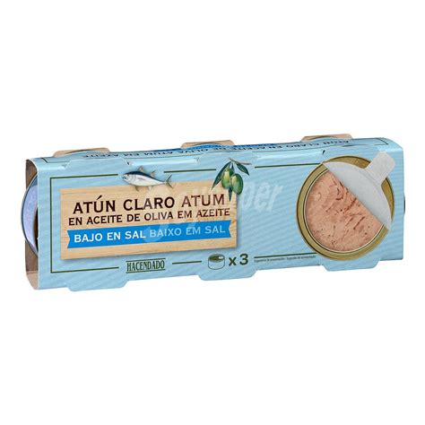 hacendado atun claro en aceite oliva bajo en sal abre facil solapin pack 3 x 52 g peso neto