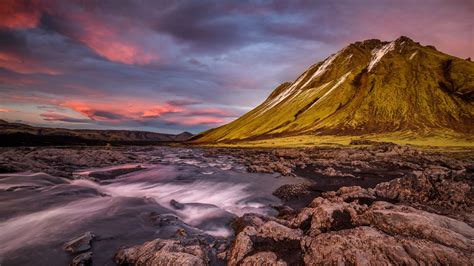 Download Wallpaper 2560x1440 Iceland Mountains River Stones Flow