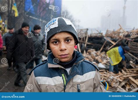 Homeless Boy Play On The Cold Street Editorial Stock Photo Image