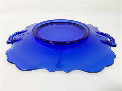 Vintage Cobalt Blue Mt Pleasant Two Handled Cake Plate Smith Glass Co Depression Era