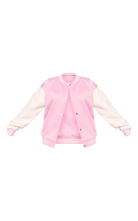 Plus Baby Pink Contrast Varsity Bomber Jacket Prettylittlething Usa