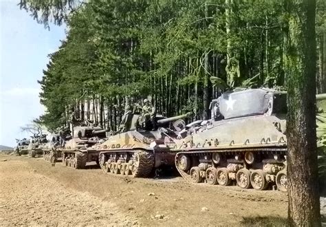 A Column Of New M4a376w Hvss Of Company B 43rd Tank Battalion In