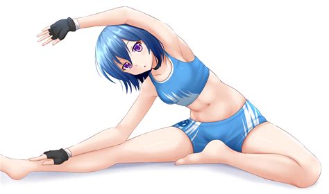 Wallpaper Anime Girls Barefoot Bra Choker Gloves Purple Eyes Short Hair Blue Hair