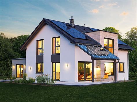 Einfamilienhaus modern mit satteldach & erker bauen, haus grundriss ideen mit inneneinrichtung. Fertighaus Anbau-Optionen von HANSE HAUS