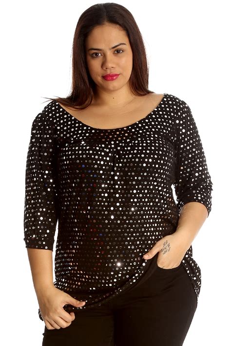 Womens Top Plus Size Ladies Polka Sequin Dot Foil Glitter Party Shirt
