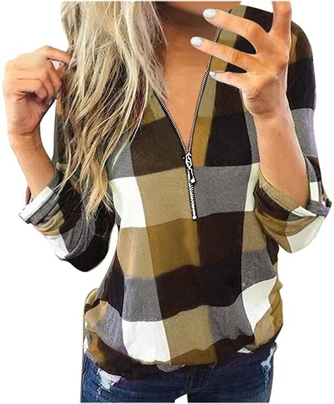 Womens Plaid Shirts Casual Long Sleeve Flannel Pullover Sexy V Neck Zipper Tunic