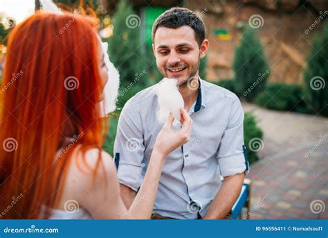 Woman Feeding Man Cotton Candy Romantic Date Stock Image Image Of