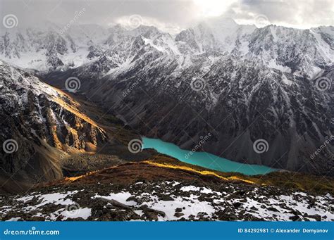 Turquoise Lake Among Snowcapped Mountains Stock Image Image Of