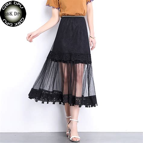 buy women s elegant elastic hollow out lace skirt summer high waist loose tulle
